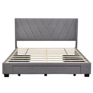 HomeRoots Gray Tufted Linen Upholstered Queen Bed Frame with Built-In Storage Drawers for Modern Bedrooms 602120