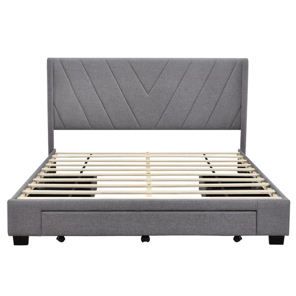 HomeRoots Gray Tufted Linen Upholstered Queen Bed Frame with Built-In Storage Drawers for Modern Bedrooms 602120