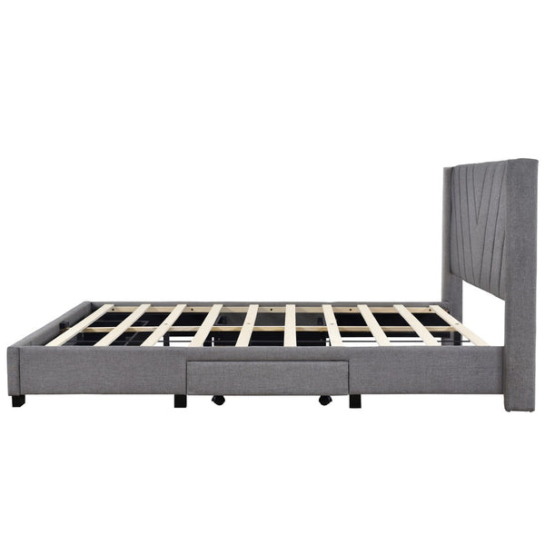 HomeRoots Gray Tufted Linen Upholstered Queen Bed Frame with Built-In Storage Drawers for Modern Bedrooms 602120