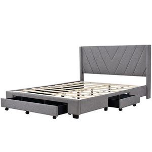 HomeRoots Gray Tufted Linen Upholstered Queen Bed Frame with Built-In Storage Drawers for Modern Bedrooms 602120