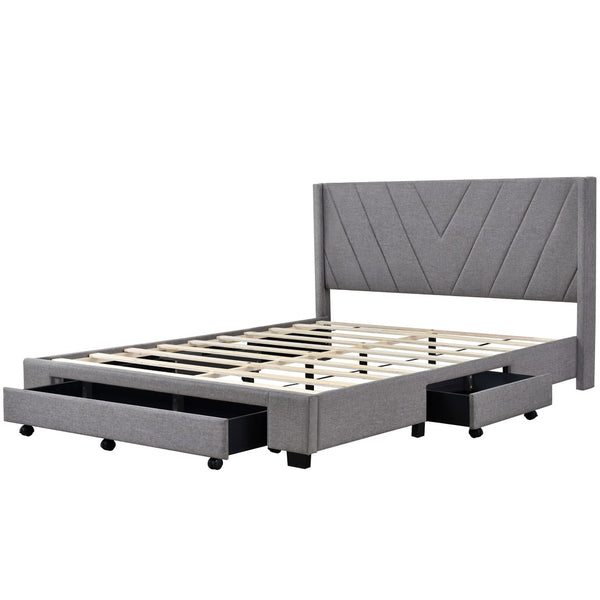 HomeRoots Gray Tufted Linen Upholstered Queen Bed Frame with Built-In Storage Drawers for Modern Bedrooms 602120