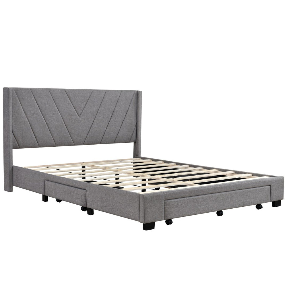 HomeRoots Gray Tufted Linen Upholstered Queen Bed Frame with Built-In Storage Drawers for Modern Bedrooms 602120