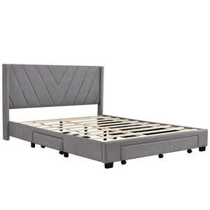 HomeRoots Gray Tufted Linen Upholstered Queen Bed Frame with Built-In Storage Drawers for Modern Bedrooms 602120