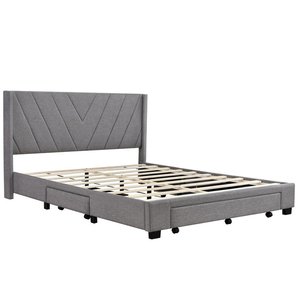 HomeRoots Gray Tufted Linen Upholstered Queen Bed Frame with Built-In Storage Drawers for Modern Bedrooms 602120