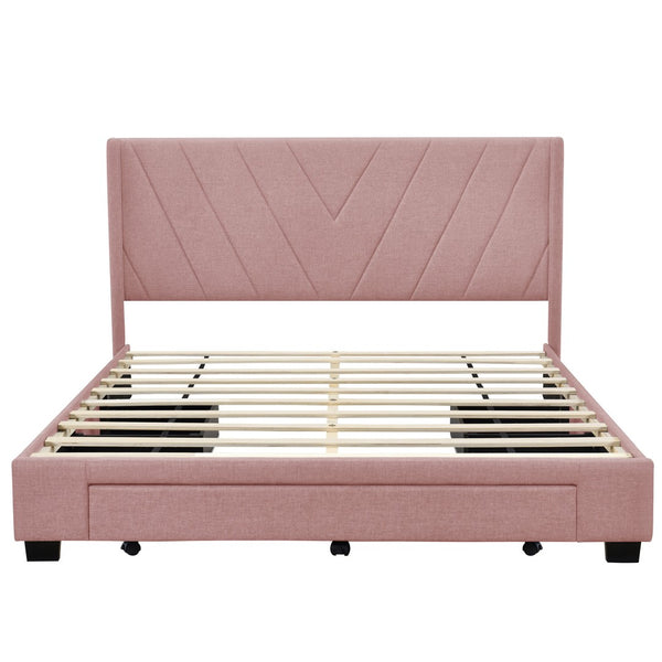 HomeRoots Pink Tufted Linen Queen Bed Frame with Storage Drawers - Chic Upholstered Design for Modern Bedrooms 602121