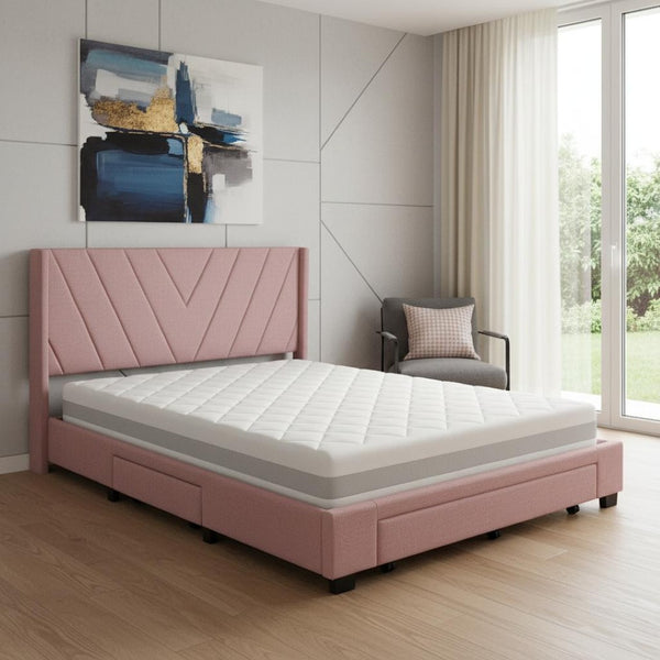 HomeRoots Pink Tufted Linen Queen Bed Frame with Storage Drawers - Chic Upholstered Design for Modern Bedrooms 602121