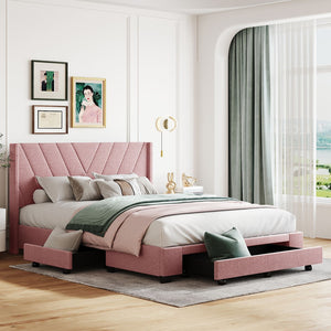 HomeRoots Pink Tufted Linen Queen Bed Frame with Storage Drawers - Chic Upholstered Design for Modern Bedrooms 602121