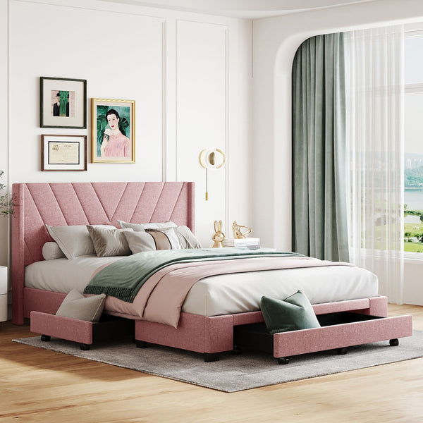 HomeRoots Pink Tufted Linen Queen Bed Frame with Storage Drawers - Chic Upholstered Design for Modern Bedrooms 602121