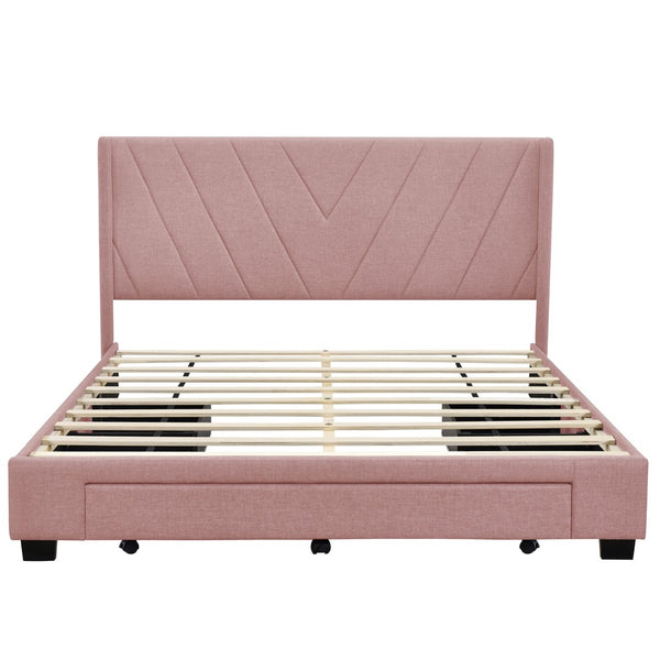 HomeRoots Pink Tufted Linen Queen Bed Frame with Storage Drawers - Chic Upholstered Design for Modern Bedrooms 602121