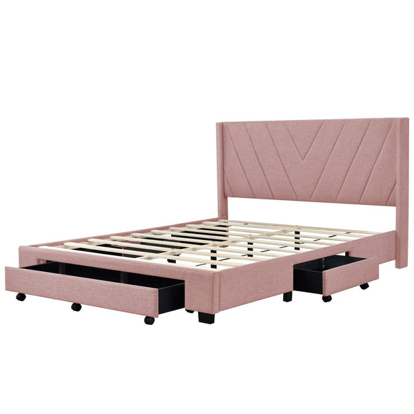 HomeRoots Pink Tufted Linen Queen Bed Frame with Storage Drawers - Chic Upholstered Design for Modern Bedrooms 602121