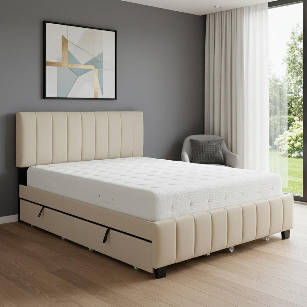 HomeRoots Beige Tufted Velvet Queen Bed Frame with Trundle & Drawers - Stylish Storage & Comfort Combined! 602122