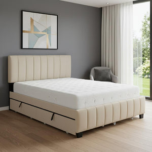 HomeRoots Beige Tufted Velvet Queen Bed Frame with Trundle & Drawers - Stylish Storage & Comfort Combined! 602122