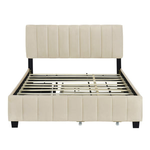 HomeRoots Beige Tufted Velvet Queen Bed Frame with Trundle & Drawers - Stylish Storage & Comfort Combined! 602122