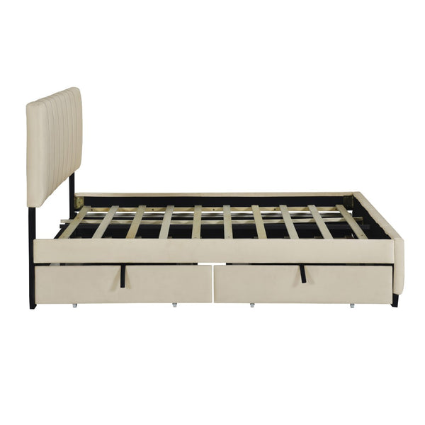 HomeRoots Beige Tufted Velvet Queen Bed Frame with Trundle & Drawers - Stylish Storage & Comfort Combined! 602122