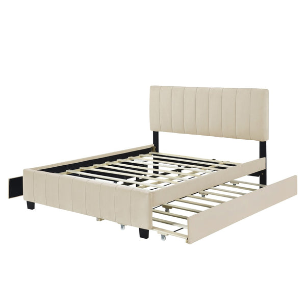 HomeRoots Beige Tufted Velvet Queen Bed Frame with Trundle & Drawers - Stylish Storage & Comfort Combined! 602122