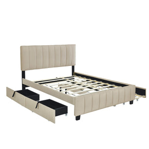 HomeRoots Beige Tufted Velvet Queen Bed Frame with Trundle & Drawers - Stylish Storage & Comfort Combined! 602122