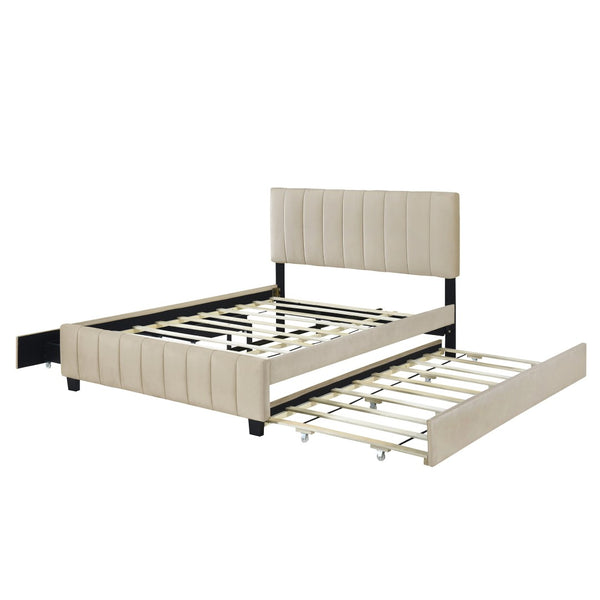 HomeRoots Beige Tufted Velvet Queen Bed Frame with Trundle & Drawers - Stylish Storage & Comfort Combined! 602122
