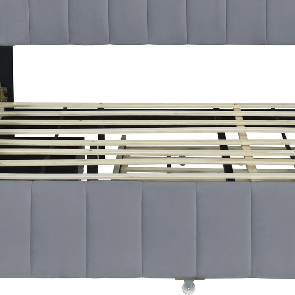 HomeRoots Gray Tufted Velvet Queen Bed Frame with Trundle – Modern Elegance, Comfortable Style & Space-Saving Design 602123