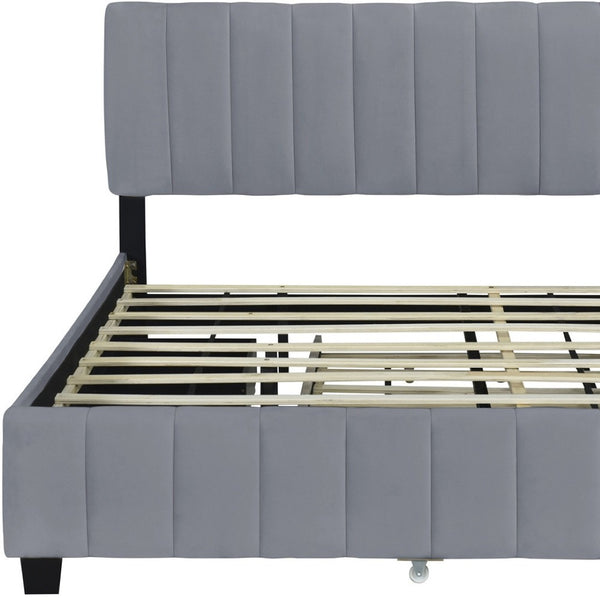 HomeRoots Gray Tufted Velvet Queen Bed Frame with Trundle – Modern Elegance, Comfortable Style & Space-Saving Design 602123