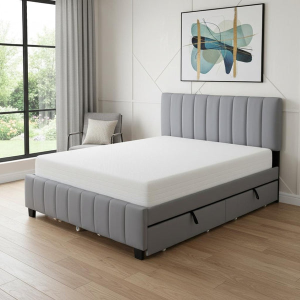 HomeRoots Gray Tufted Velvet Queen Bed Frame with Trundle – Modern Elegance, Comfortable Style & Space-Saving Design 602123