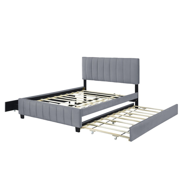 HomeRoots Gray Tufted Velvet Queen Bed Frame with Trundle – Modern Elegance, Comfortable Style & Space-Saving Design 602123