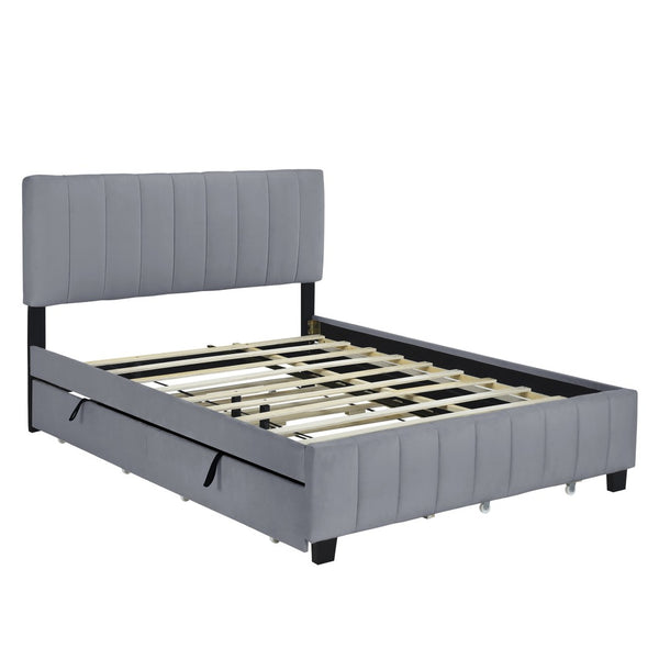HomeRoots Gray Tufted Velvet Queen Bed Frame with Trundle – Modern Elegance, Comfortable Style & Space-Saving Design 602123