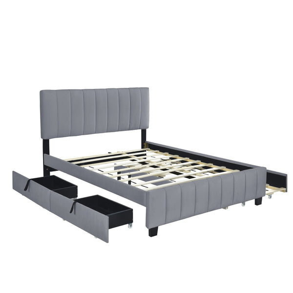HomeRoots Gray Tufted Velvet Queen Bed Frame with Trundle – Modern Elegance, Comfortable Style & Space-Saving Design 602123