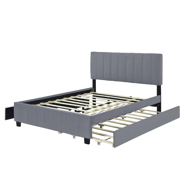 HomeRoots Gray Tufted Velvet Queen Bed Frame with Trundle – Modern Elegance, Comfortable Style & Space-Saving Design 602123