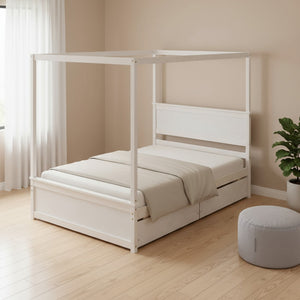 HomeRoots White Wood Full Canopy Bed with Storage Drawers – Elegant Design for a Stylish, Organized Bedroom Retreat 602138