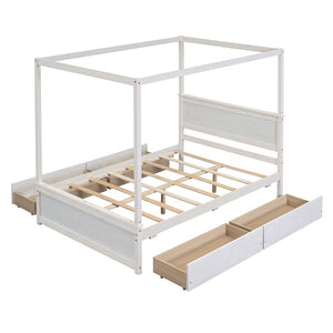 HomeRoots White Wood Full Canopy Bed with Storage Drawers – Elegant Design for a Stylish, Organized Bedroom Retreat 602138