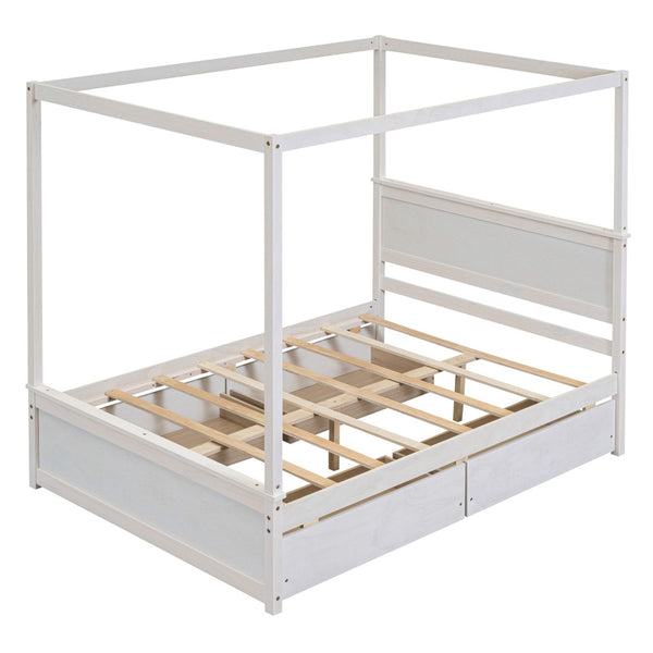 HomeRoots White Wood Full Canopy Bed with Storage Drawers – Elegant Design for a Stylish, Organized Bedroom Retreat 602138