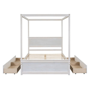 HomeRoots White Wood Full Canopy Bed with Storage Drawers – Elegant Design for a Stylish, Organized Bedroom Retreat 602138