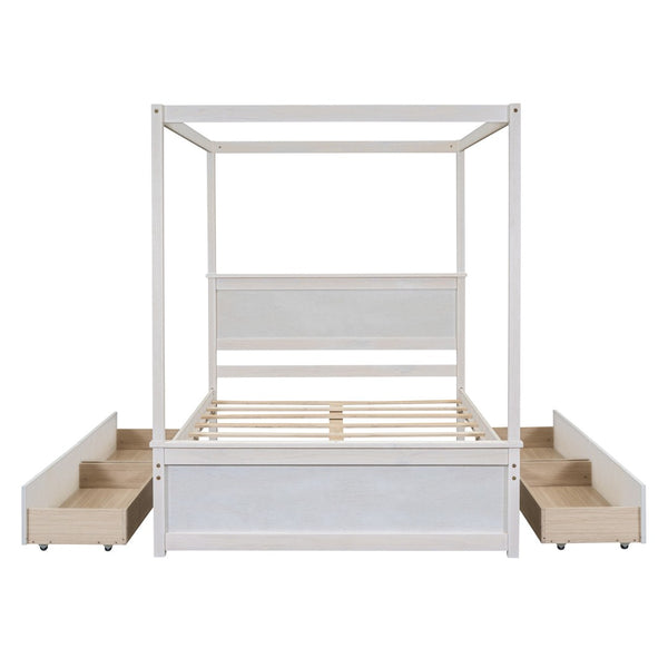 HomeRoots White Wood Full Canopy Bed with Storage Drawers – Elegant Design for a Stylish, Organized Bedroom Retreat 602138