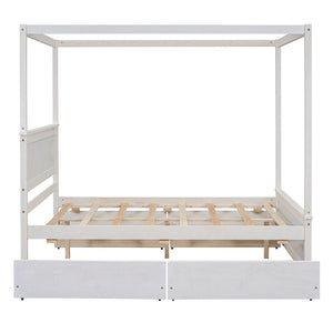 HomeRoots White Wood Full Canopy Bed with Storage Drawers – Elegant Design for a Stylish, Organized Bedroom Retreat 602138