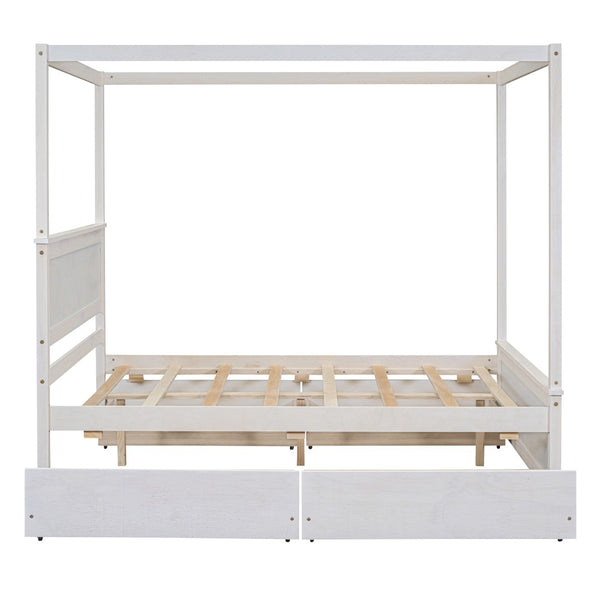 HomeRoots White Wood Full Canopy Bed with Storage Drawers – Elegant Design for a Stylish, Organized Bedroom Retreat 602138