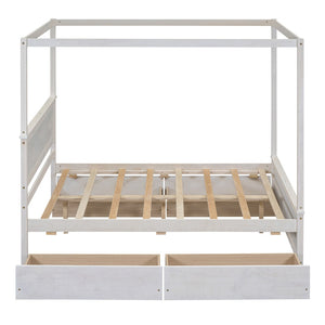 HomeRoots White Wood Full Canopy Bed with Storage Drawers – Elegant Design for a Stylish, Organized Bedroom Retreat 602138