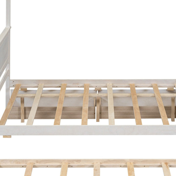 HomeRoots White Wood Full Canopy Bed with Trundle, Drawers, and Elegant Design for Stylish Bedrooms 602139