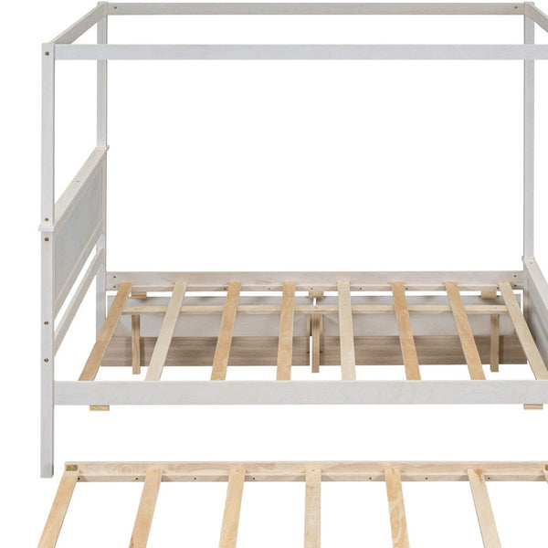 HomeRoots White Wood Full Canopy Bed with Trundle, Drawers, and Elegant Design for Stylish Bedrooms 602139