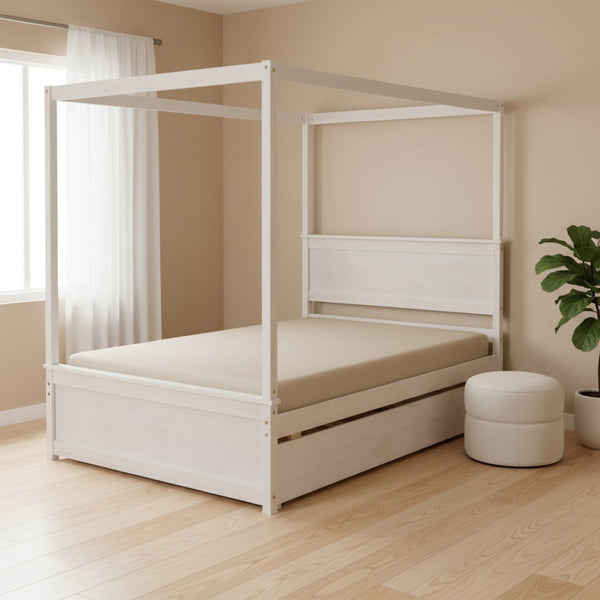 HomeRoots White Wood Full Canopy Bed with Trundle, Drawers, and Elegant Design for Stylish Bedrooms 602139