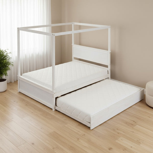 HomeRoots White Wood Full Canopy Bed with Trundle, Drawers, and Elegant Design for Stylish Bedrooms 602139