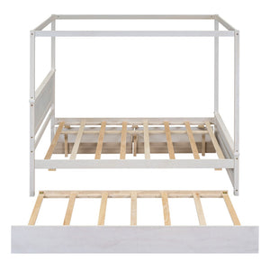 HomeRoots White Wood Full Canopy Bed with Trundle, Drawers, and Elegant Design for Stylish Bedrooms 602139