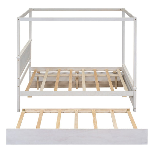 HomeRoots White Wood Full Canopy Bed with Trundle, Drawers, and Elegant Design for Stylish Bedrooms 602139