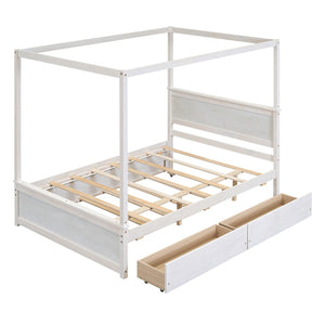 HomeRoots White Wood Full Canopy Bed with Trundle, Drawers, and Elegant Design for Stylish Bedrooms 602139