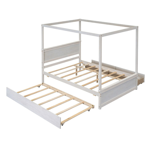 HomeRoots White Wood Full Canopy Bed with Trundle, Drawers, and Elegant Design for Stylish Bedrooms 602139