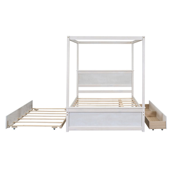 HomeRoots White Wood Full Canopy Bed with Trundle, Drawers, and Elegant Design for Stylish Bedrooms 602139