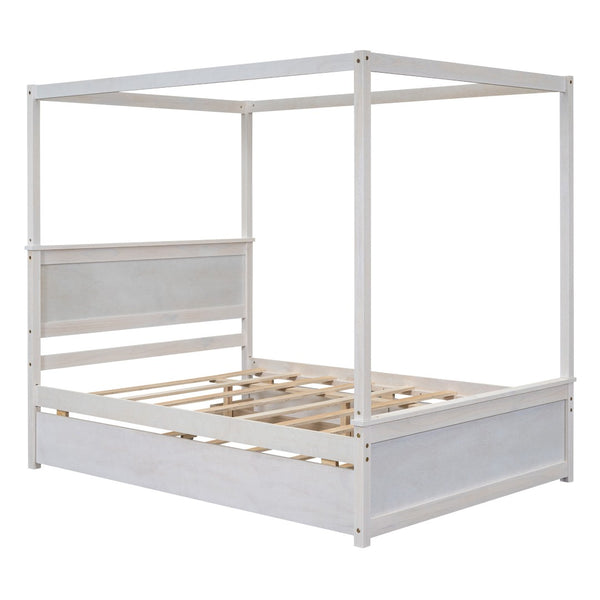 HomeRoots White Wood Full Canopy Bed with Trundle, Drawers, and Elegant Design for Stylish Bedrooms 602139