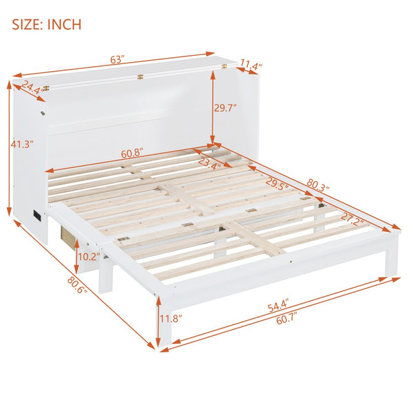 HomeRoots White Wood Queen Murphy Bed with Integrated USB Charging - Stylish Space-Saving Solution for Homes 602141