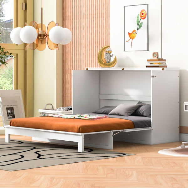 HomeRoots White Wood Queen Murphy Bed - Space-Saving Cabinet Design for Stylish Guest Rooms & Studios 602145