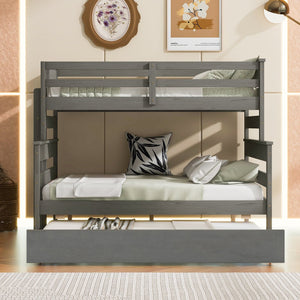 English Elm Wood Twin over Full Bunk Bed with Twin Trundle – Space-Saving Pine/MDF Triple Bed, Sturdy & Safe Design Grey GX000448AAE-1