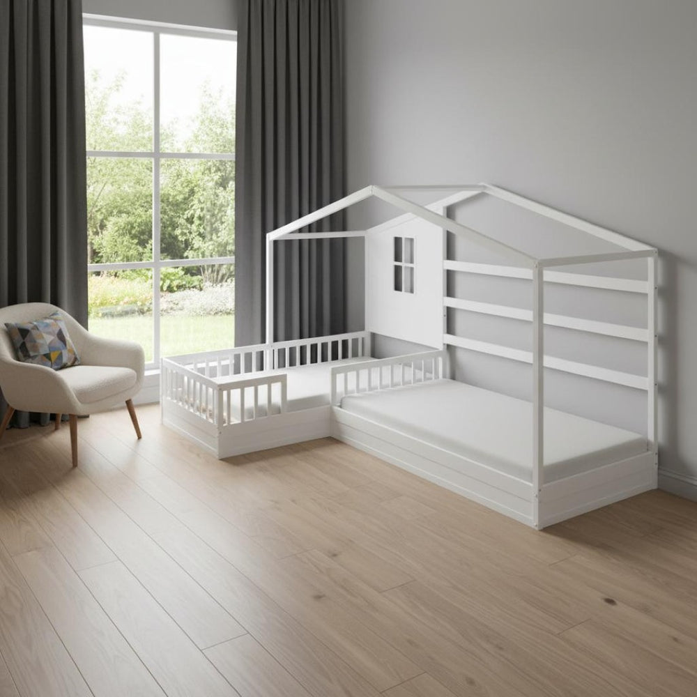HomeRoots White Wood Twin House Bed - Modern Playful Design with Sturdy Frame & Support for Lasting Comfort 602149